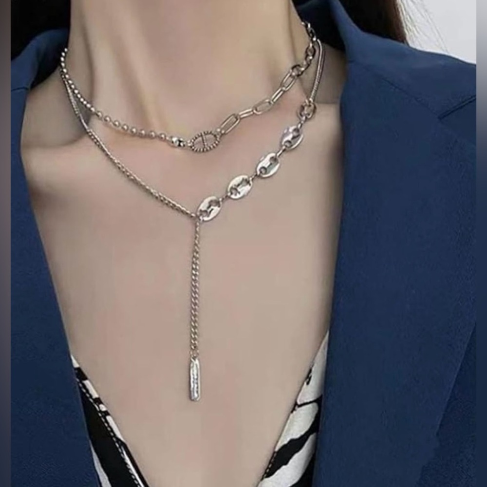 Paperclip & Beaded Necklace Layered w/ Y Chunky Link Silver Tone Necklace NWOT